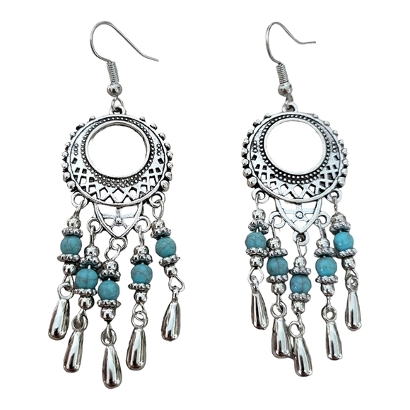Turquoise Silver Tone Boho Earrings - Picture 2 of 3
